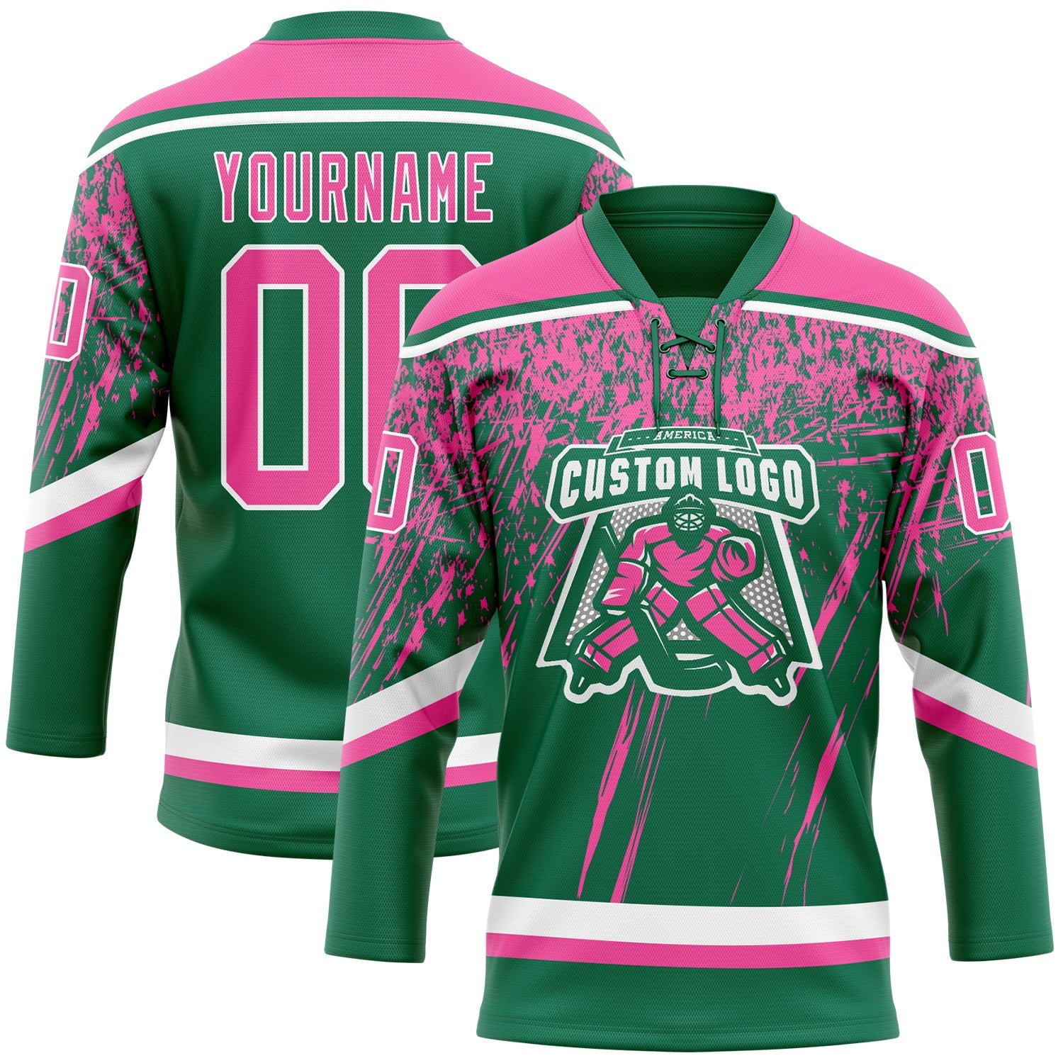 Custom Kelly Green Pink-White 3D Splash Hockey Lace Neck Jersey view 2