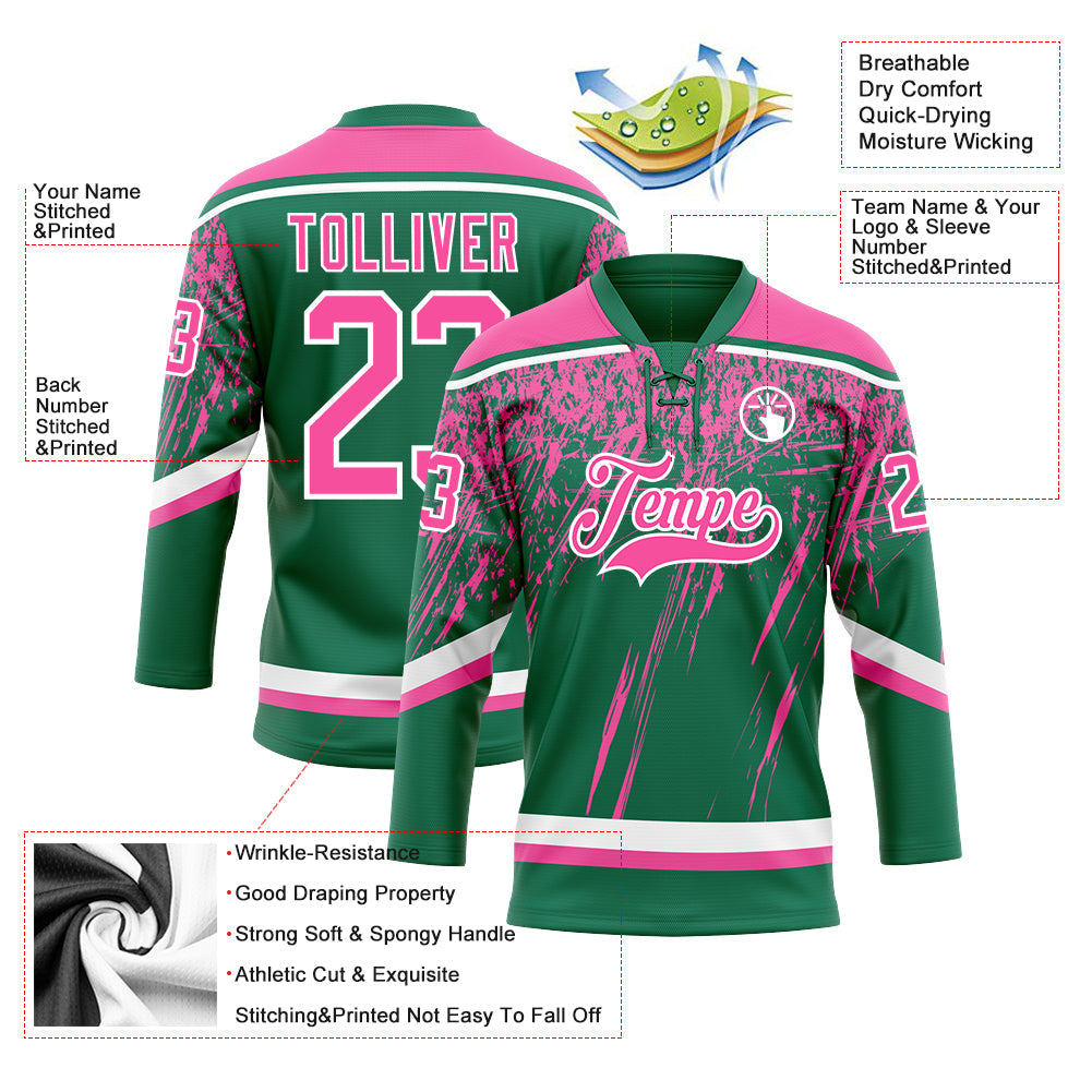 Custom Kelly Green Pink-White 3D Splash Hockey Lace Neck Jersey view 3