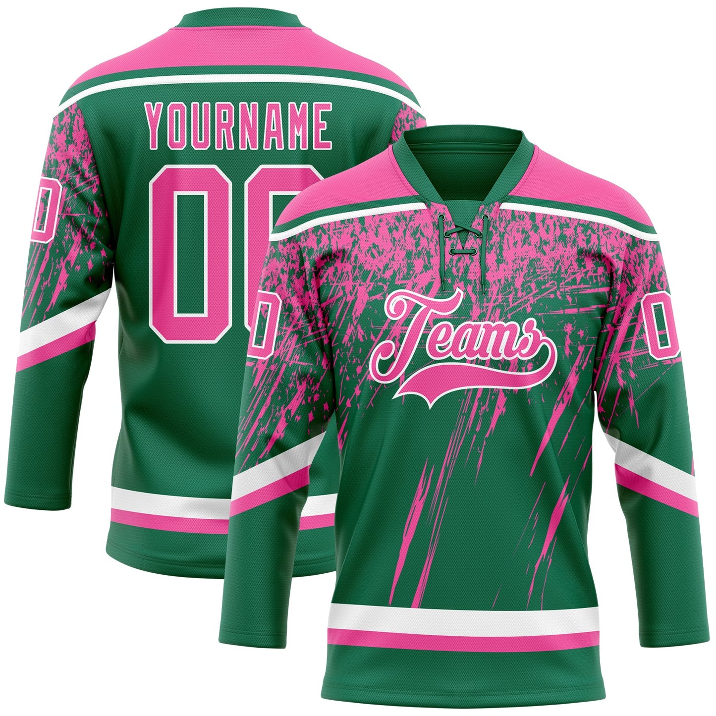 Custom Kelly Green Pink-White 3D Splash Hockey Lace Neck Jersey - Main View
