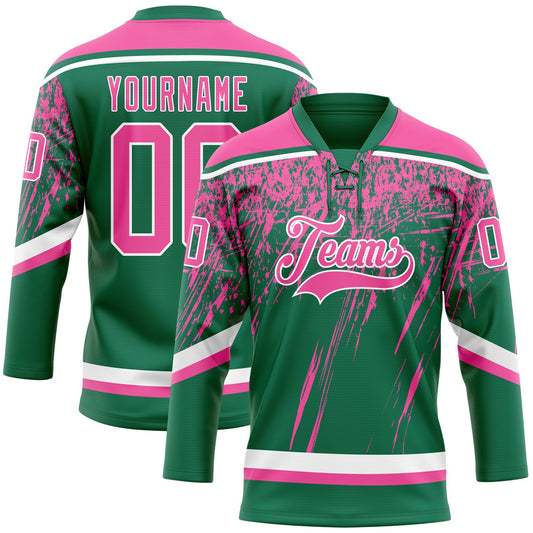 Custom Kelly Green Pink-White 3D Splash Hockey Lace Neck Jersey - Main View