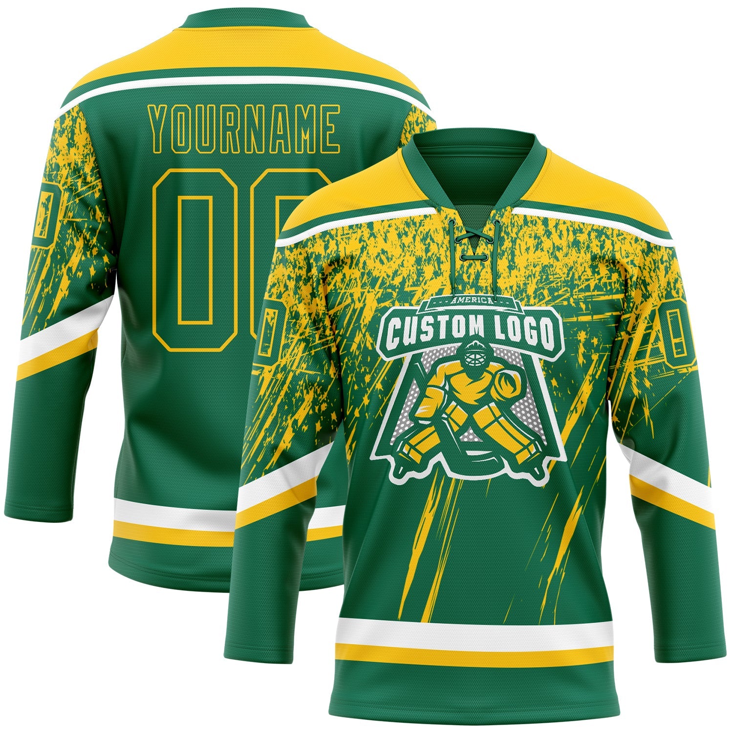 Custom Kelly Green Yellow-White 3D Splash Hockey Lace Neck Jersey view 2