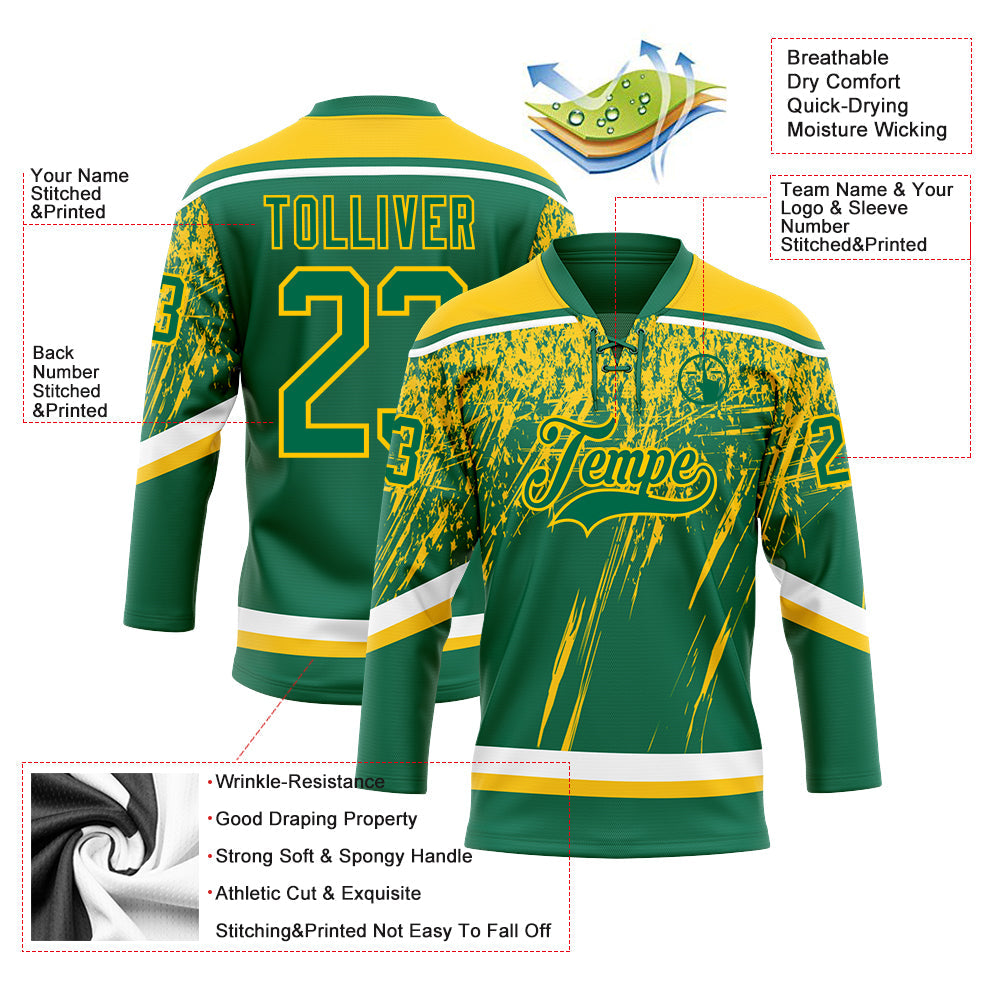 Custom Kelly Green Yellow-White 3D Splash Hockey Lace Neck Jersey view 3