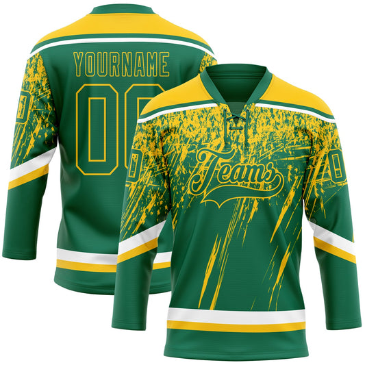 Custom Kelly Green Yellow-White 3D Splash Hockey Lace Neck Jersey - Main View