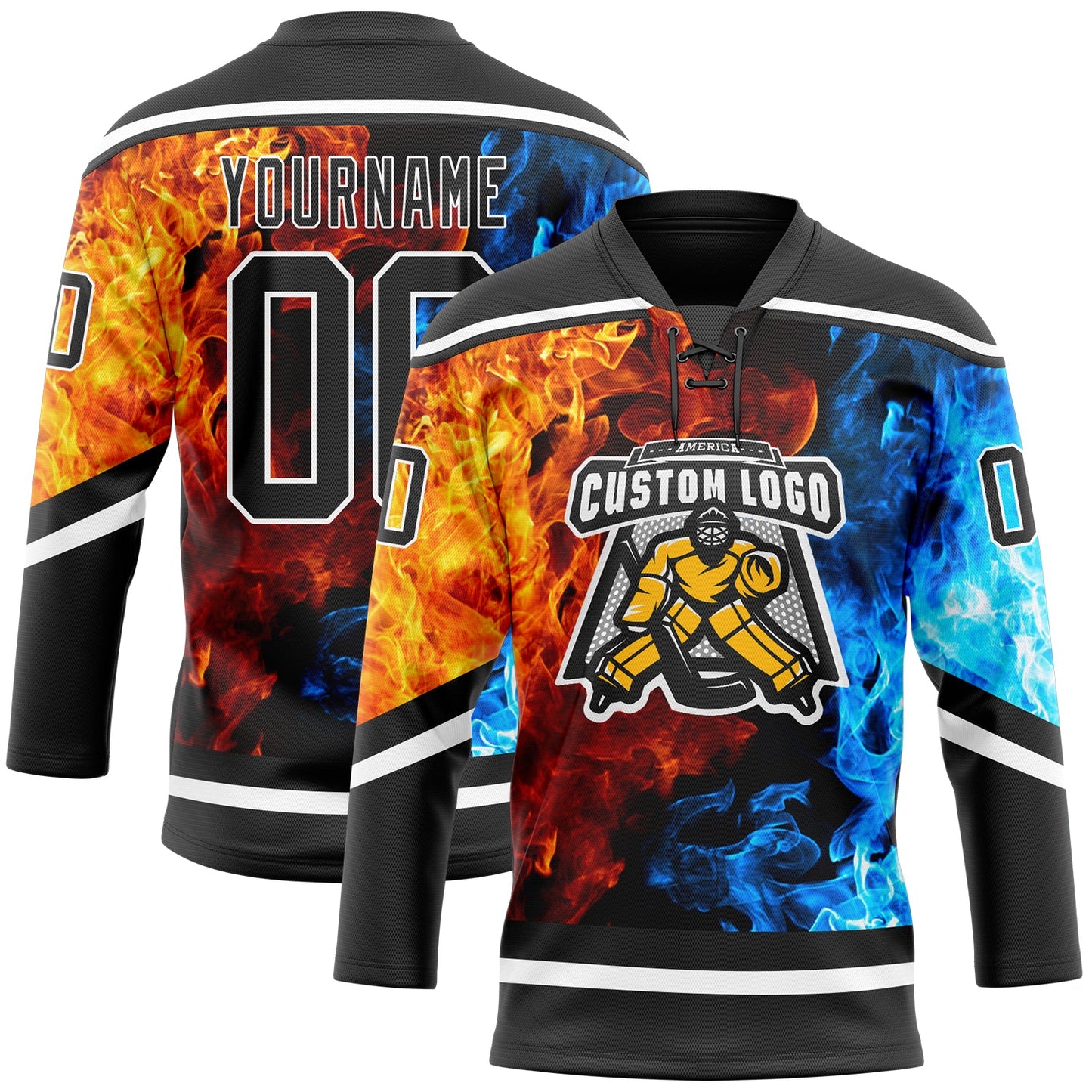Custom Black White 3D Flame Hockey Lace Neck Jersey view 2