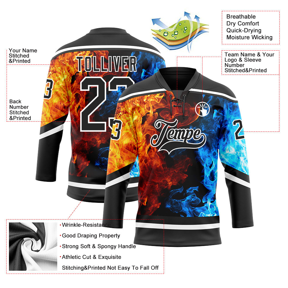 Custom Black White 3D Flame Hockey Lace Neck Jersey view 3