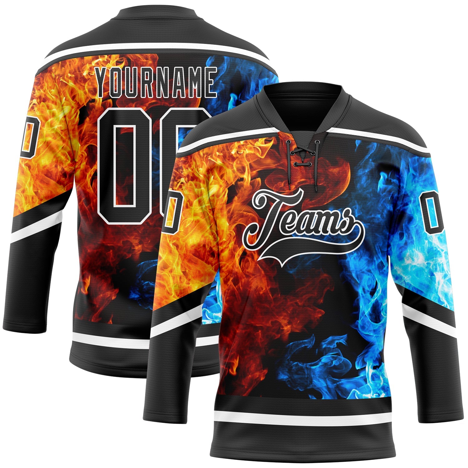 Custom Black White 3D Flame Hockey Lace Neck Jersey - Main View