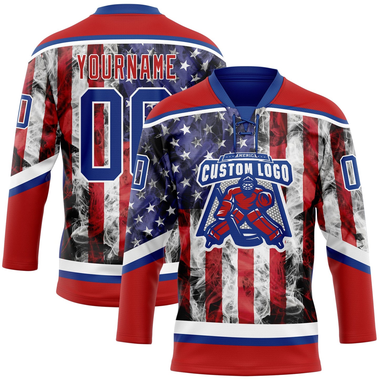 Custom Red Royal-White 3D American Flag Hockey Lace Neck Jersey view 2