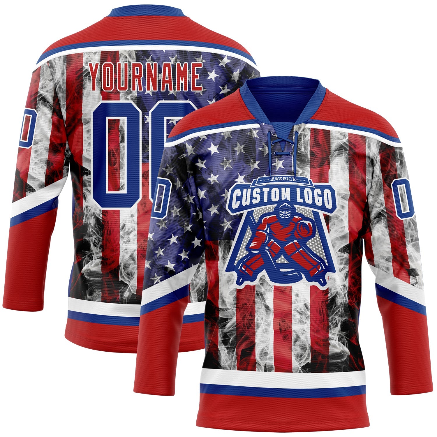 Custom Red Royal-White 3D American Flag Hockey Lace Neck Jersey view 2