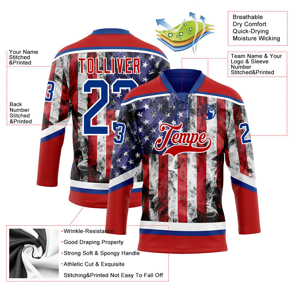 Custom Red Royal-White 3D American Flag Hockey Lace Neck Jersey view 3