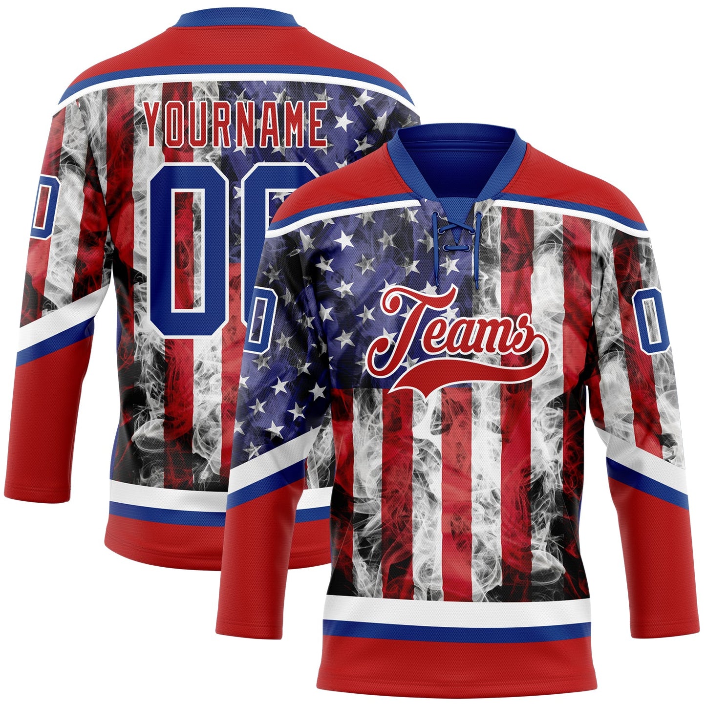 Custom Red Royal-White 3D American Flag Hockey Lace Neck Jersey - Main View