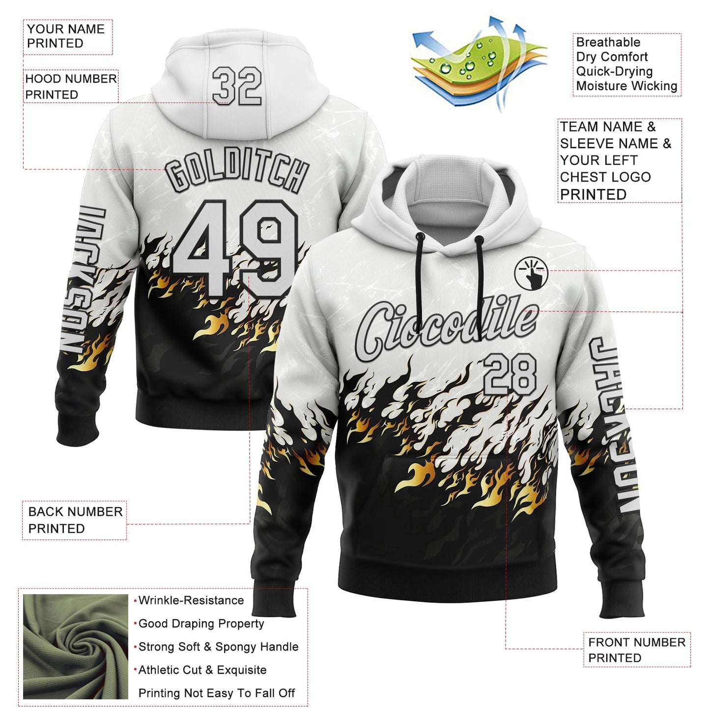 Custom White Black 3D Abstract Flame Sports Pullover Sweatshirt Hoodie view 2