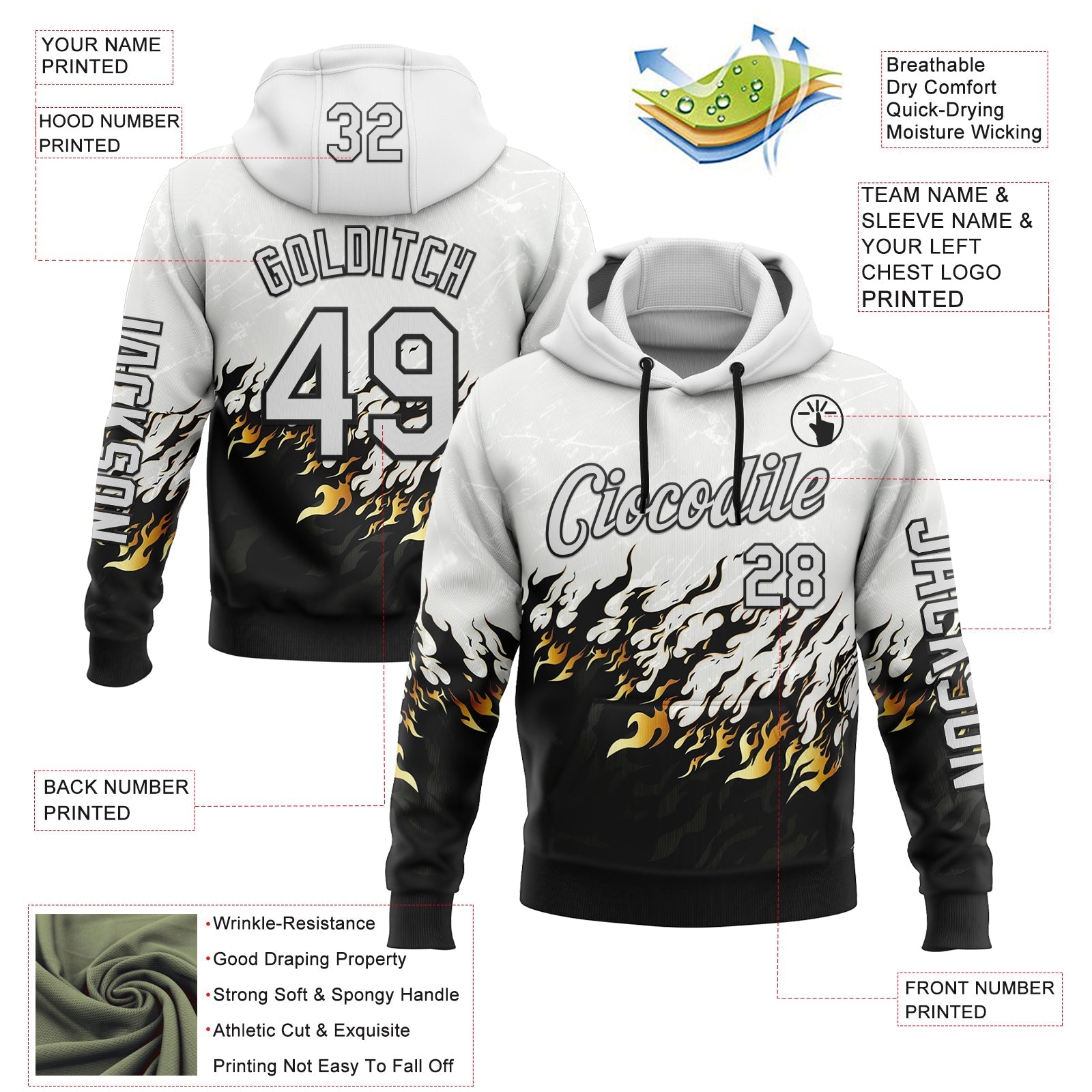 Custom White Black 3D Abstract Flame Sports Pullover Sweatshirt Hoodie view 2
