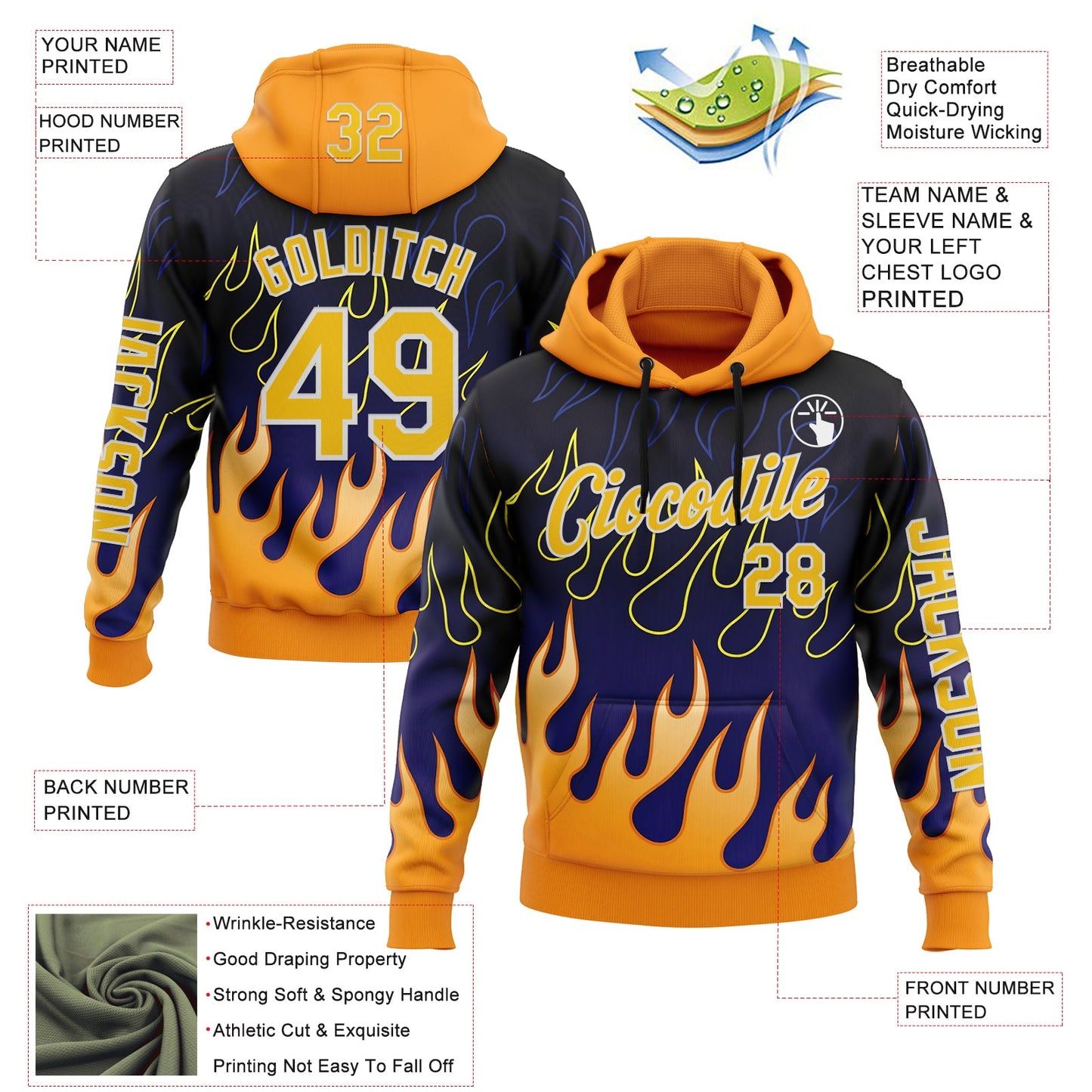 Custom Blue Yellow-White 3D Abstract Flame Sports Pullover Sweatshirt Hoodie view 2