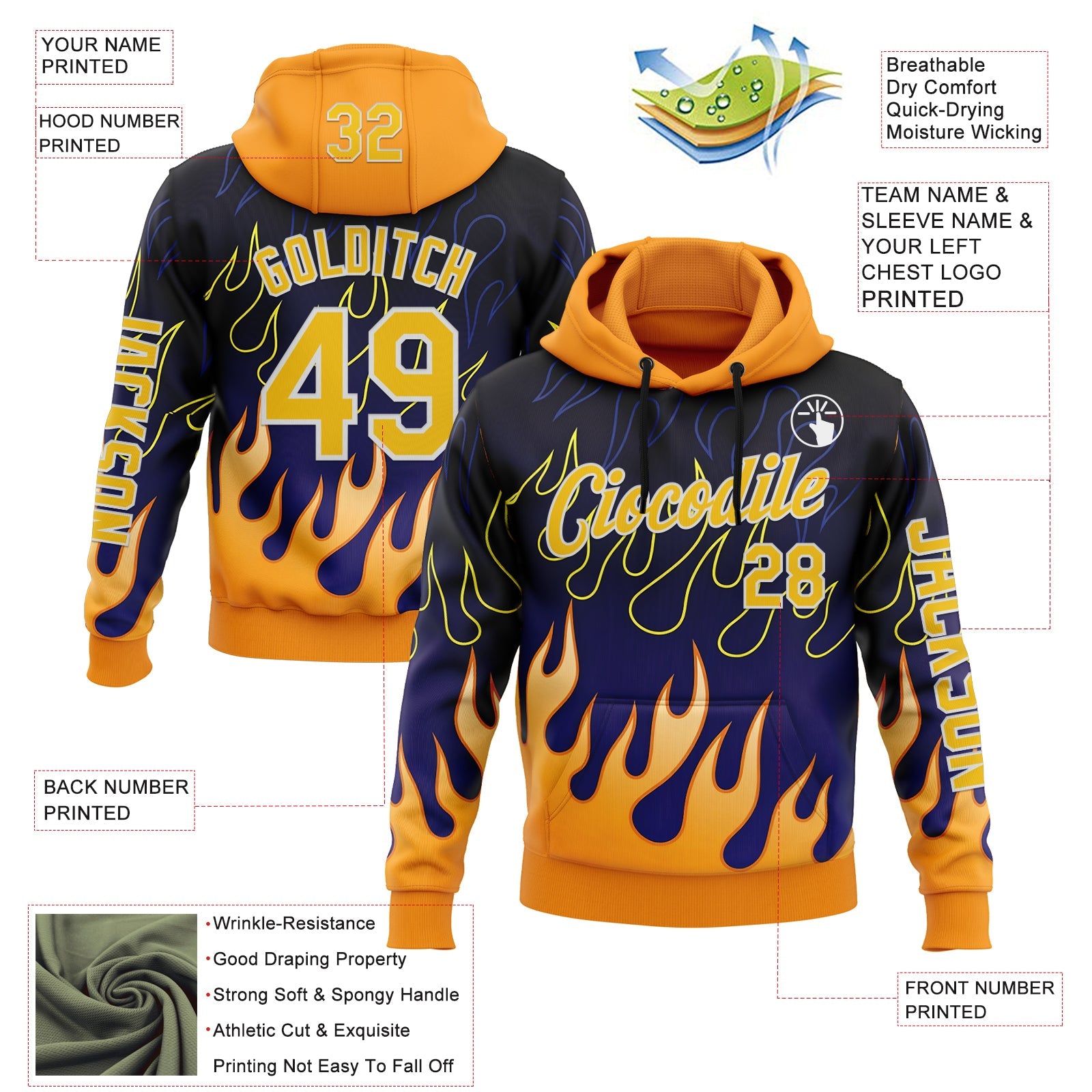 Custom Blue Yellow-White 3D Abstract Flame Sports Pullover Sweatshirt Hoodie view 2