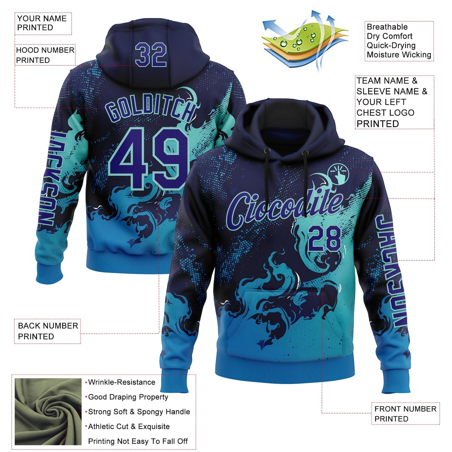 Custom Blue Dark Purple-Ice Blue 3D Abstract Flame Sports Pullover Sweatshirt Hoodie view 2