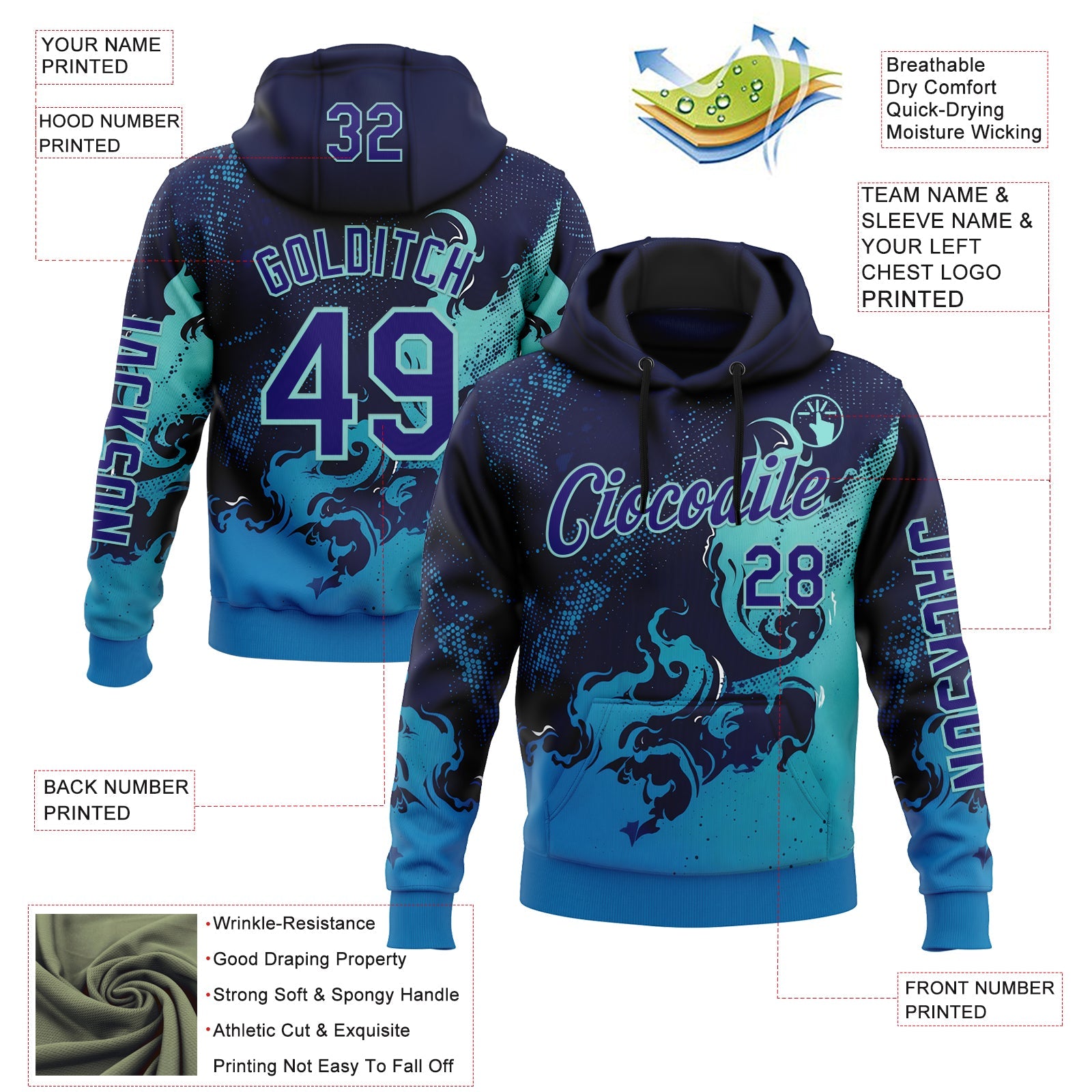 Custom Blue Dark Purple-Ice Blue 3D Abstract Flame Sports Pullover Sweatshirt Hoodie view 2