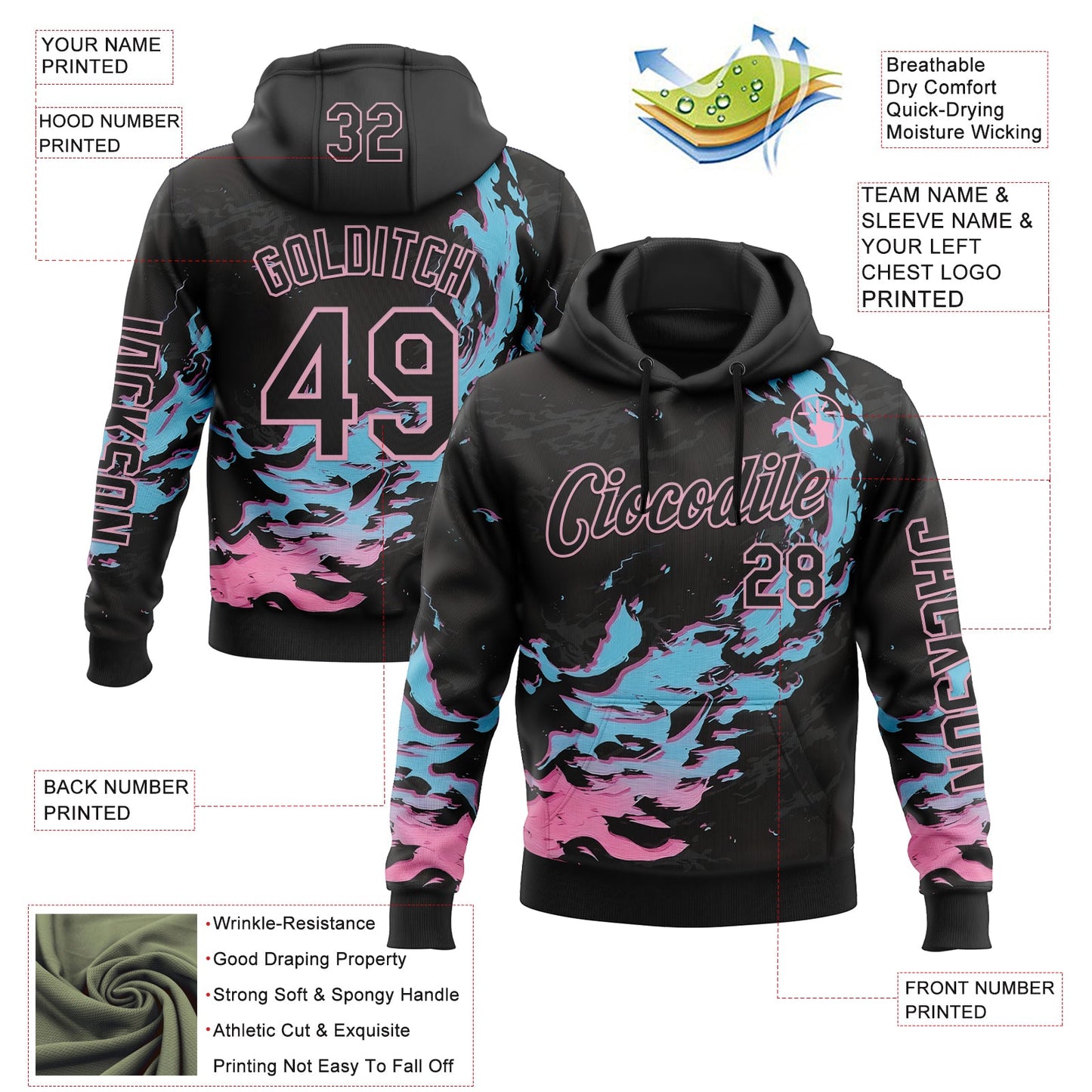Custom Black Blue-Light Pink 3D Abstract Flame Sports Pullover Sweatshirt Hoodie view 2