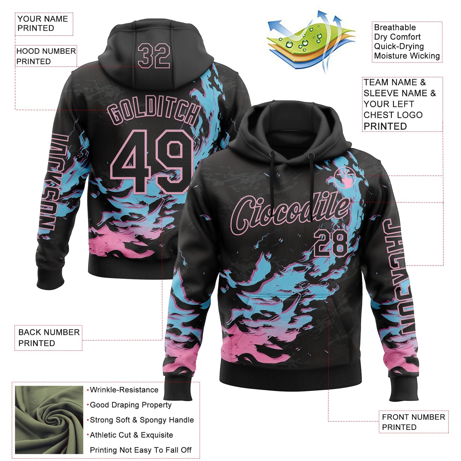 Custom Black Blue-Light Pink 3D Abstract Flame Sports Pullover Sweatshirt Hoodie view 2