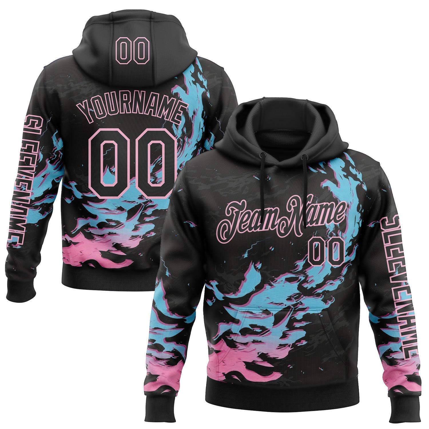 Custom Black Blue-Light Pink 3D Abstract Flame Sports Pullover Sweatshirt Hoodie - Main View