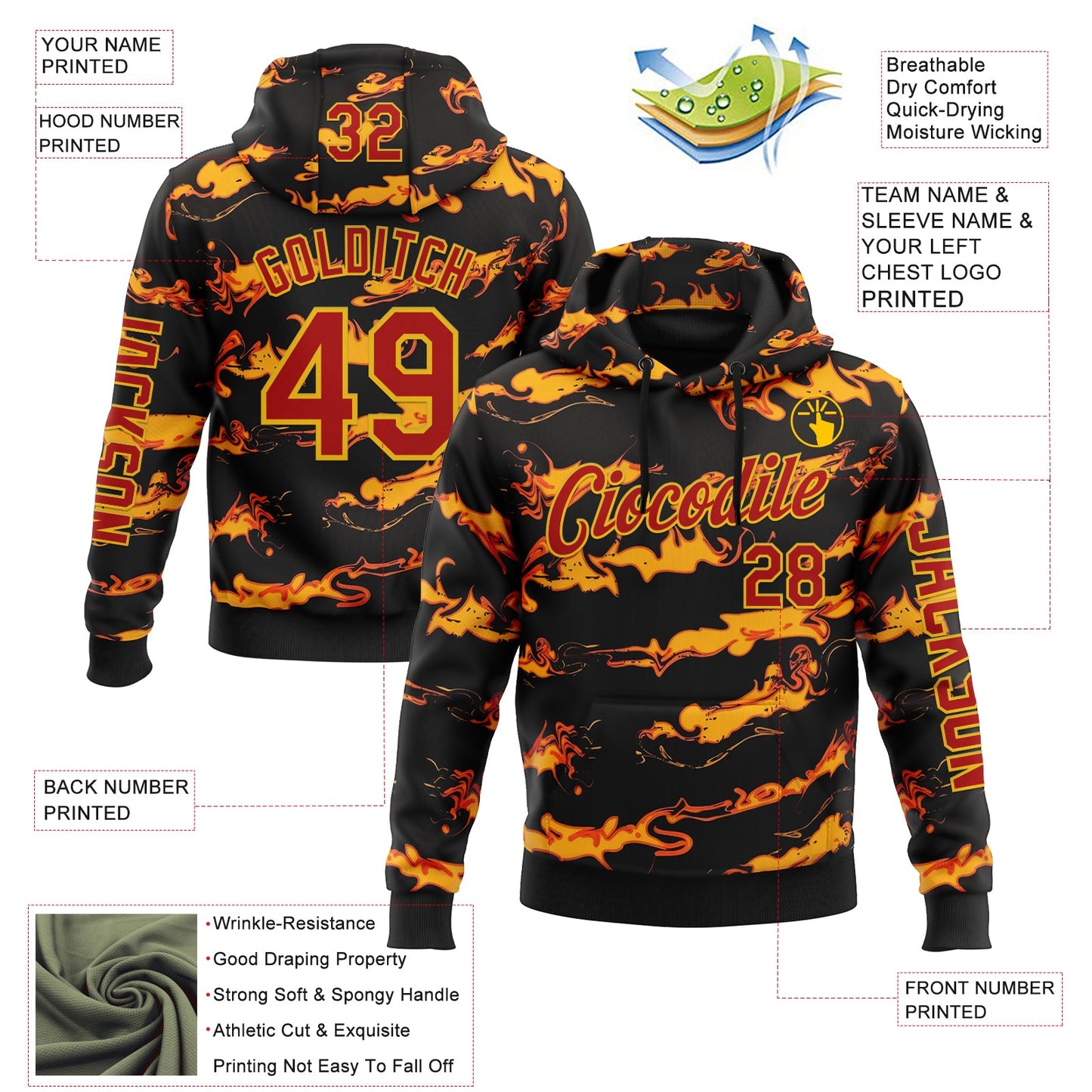 Custom Black Red-Yellow 3D Abstract Flame Sports Pullover Sweatshirt Hoodie view 2