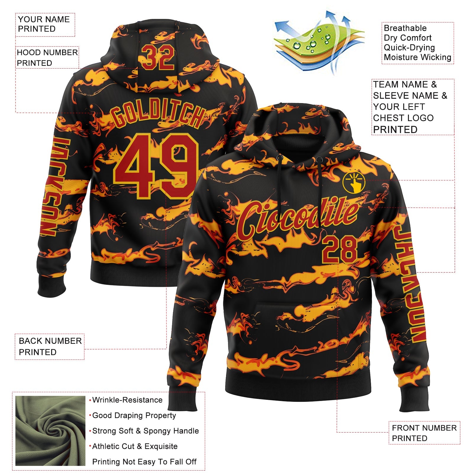 Custom Black Red-Yellow 3D Abstract Flame Sports Pullover Sweatshirt Hoodie view 2
