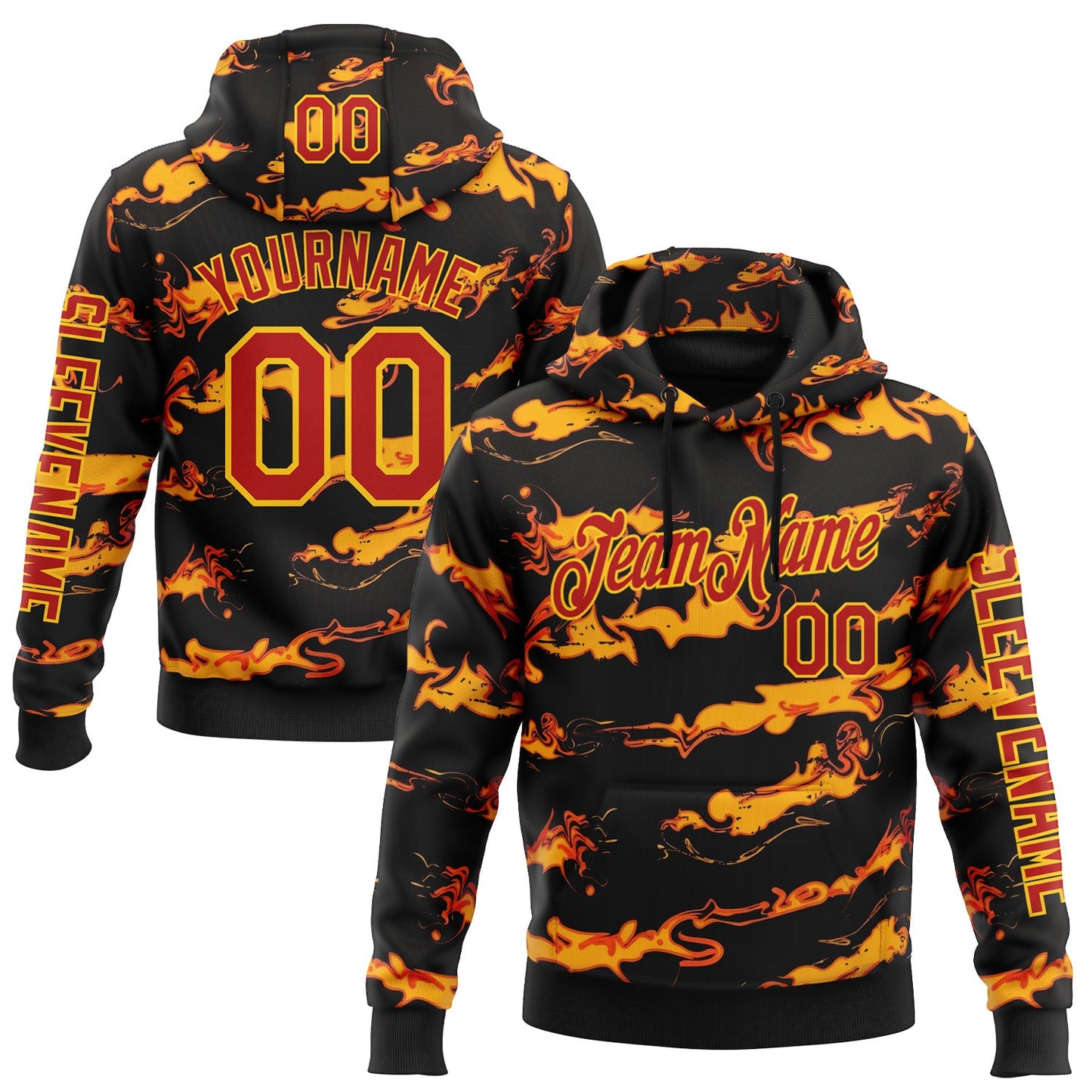 Custom Black Red-Yellow 3D Abstract Flame Sports Pullover Sweatshirt Hoodie - Main View