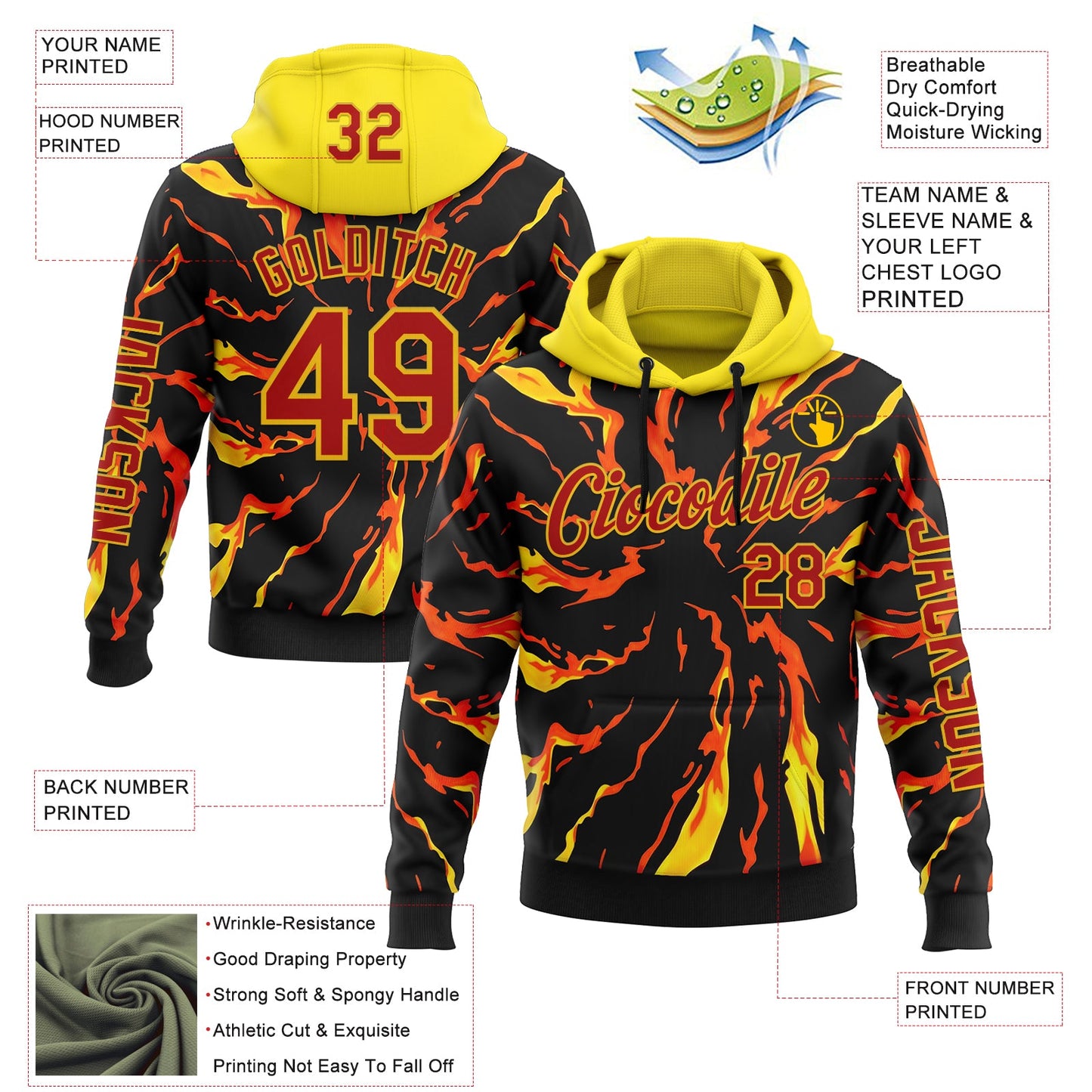 Custom Black Red-Yellow 3D Abstract Flame Sports Pullover Sweatshirt Hoodie view 2