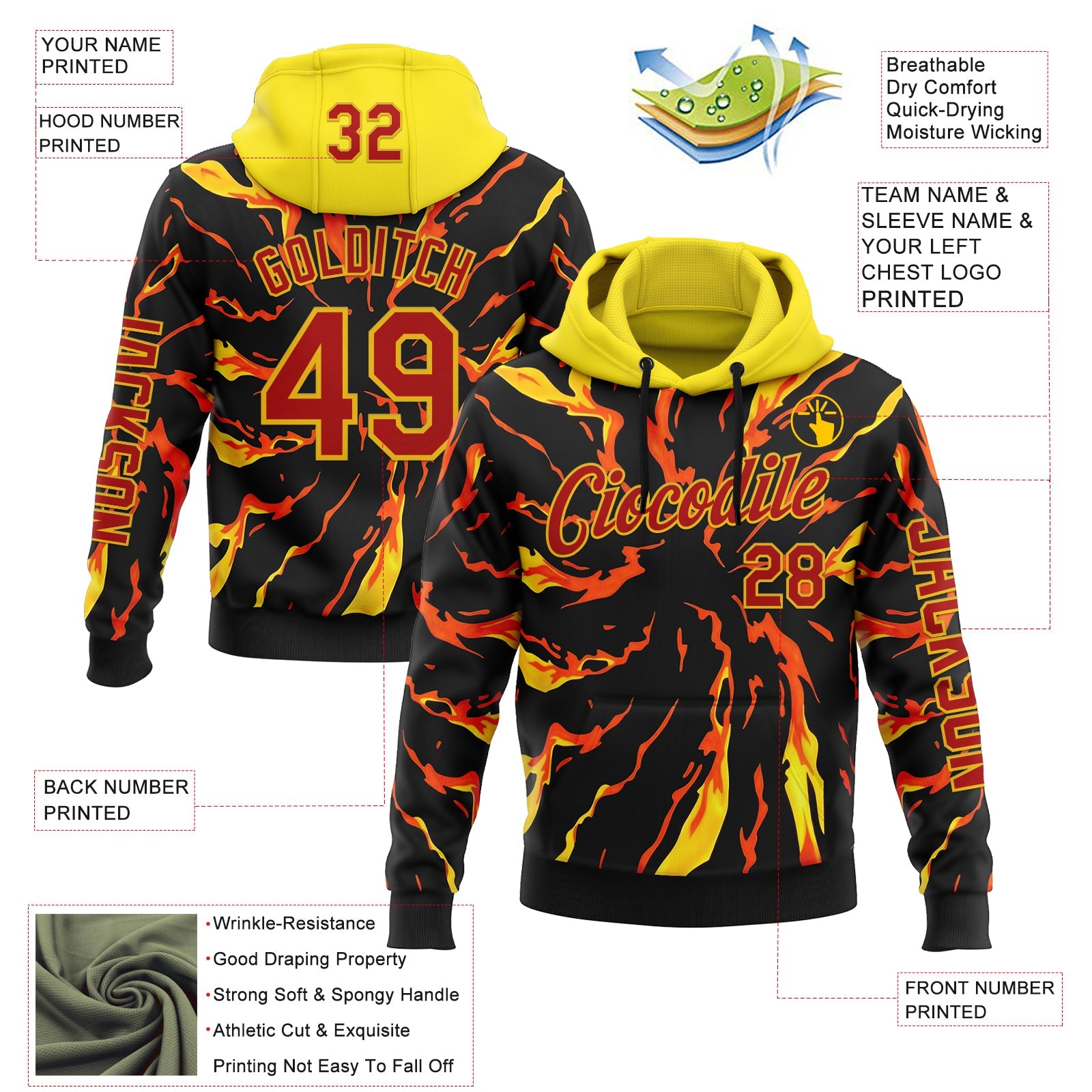 Custom Black Red-Yellow 3D Abstract Flame Sports Pullover Sweatshirt Hoodie view 2