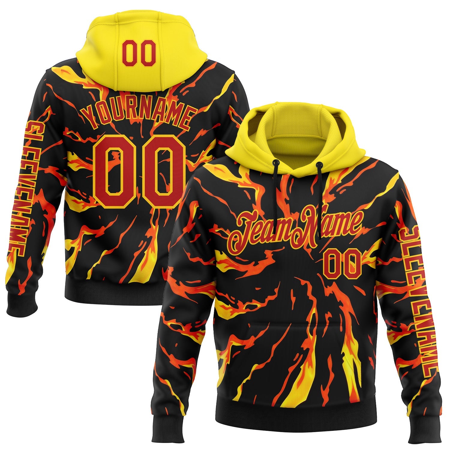 Custom Black Red-Yellow 3D Abstract Flame Sports Pullover Sweatshirt Hoodie - Main View