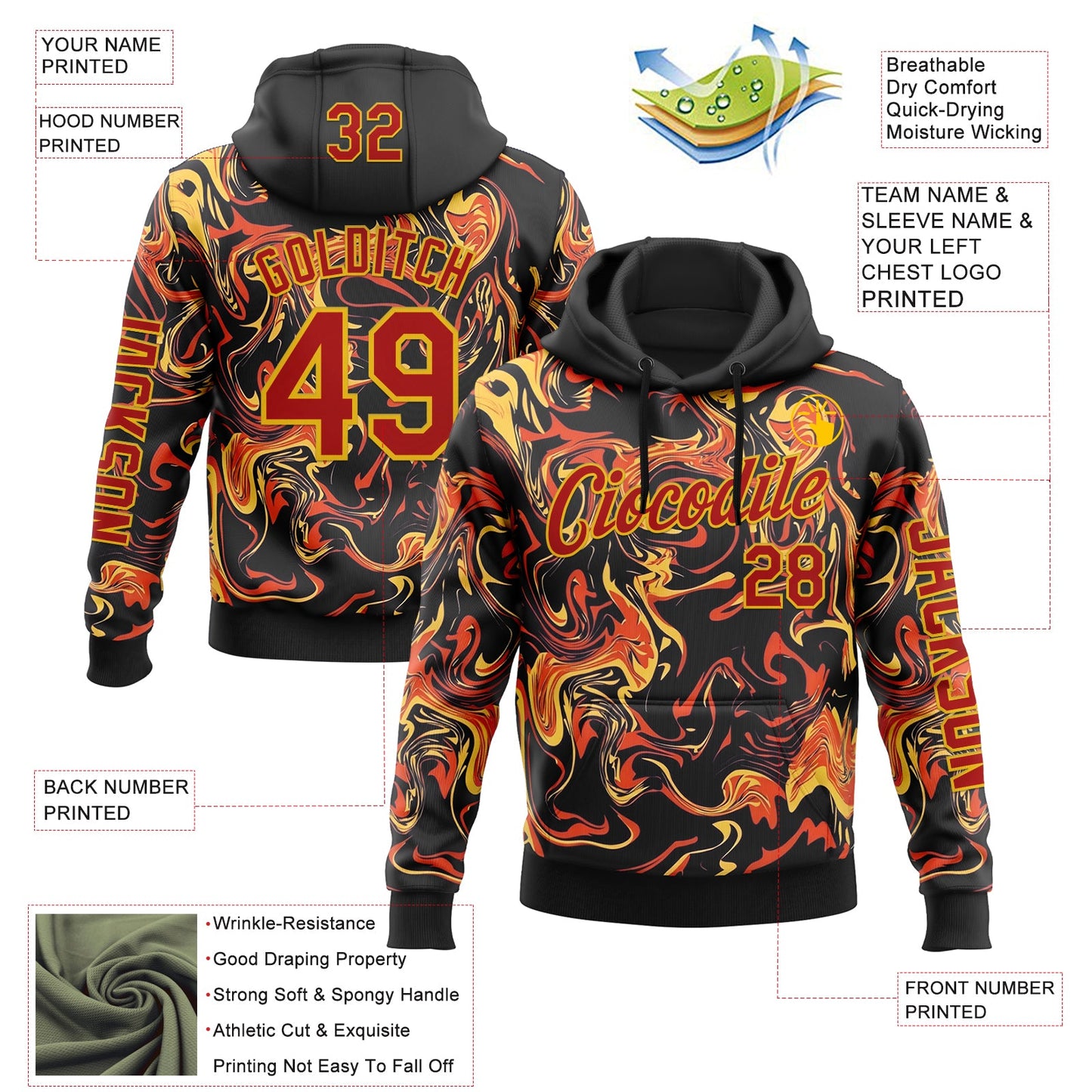 Custom Black Red-Yellow 3D Abstract Flame Sports Pullover Sweatshirt Hoodie view 2