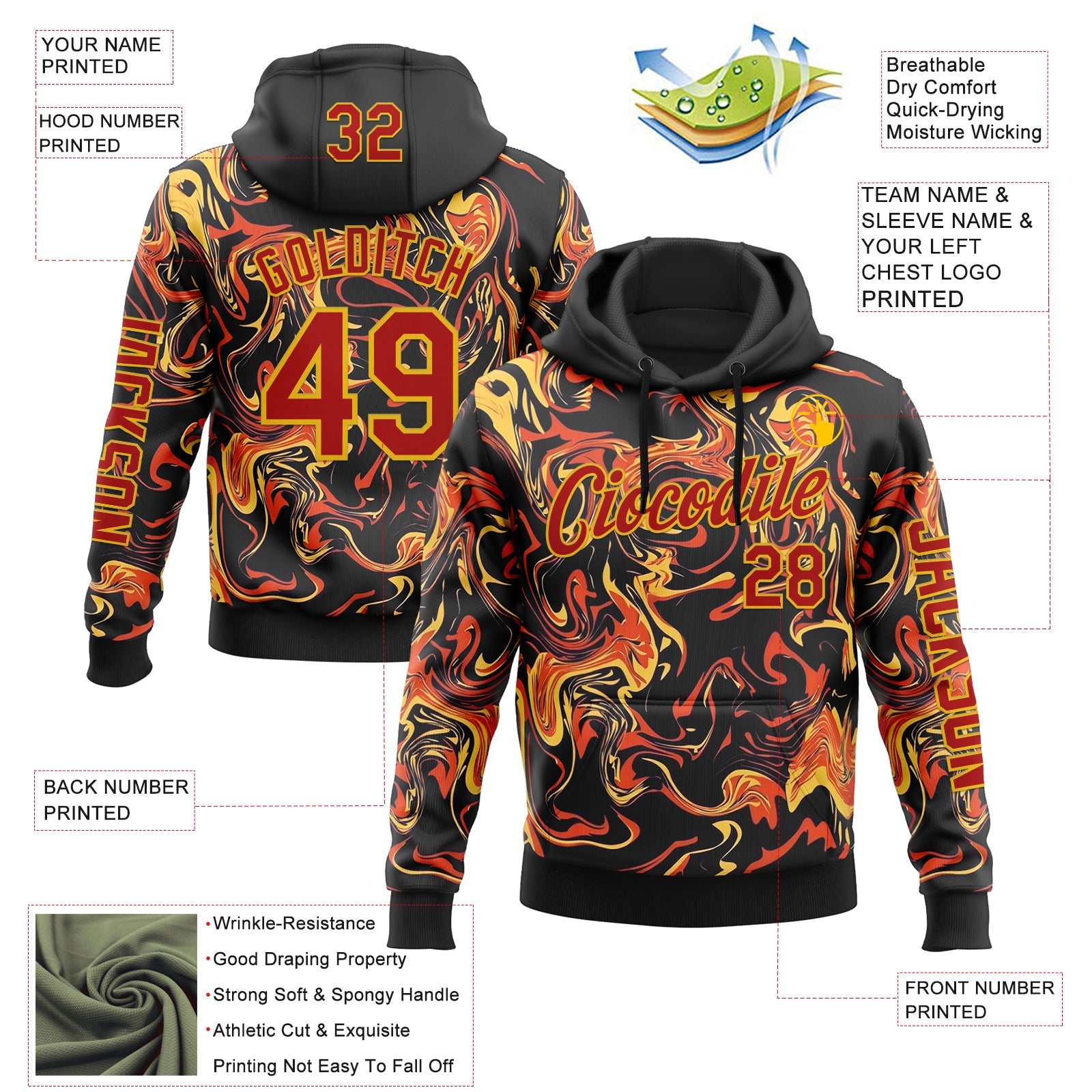 Custom Black Red-Yellow 3D Abstract Flame Sports Pullover Sweatshirt Hoodie view 2