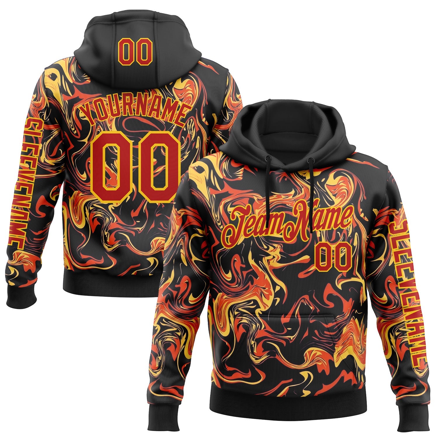 Custom Black Red-Yellow 3D Abstract Flame Sports Pullover Sweatshirt Hoodie - Main View