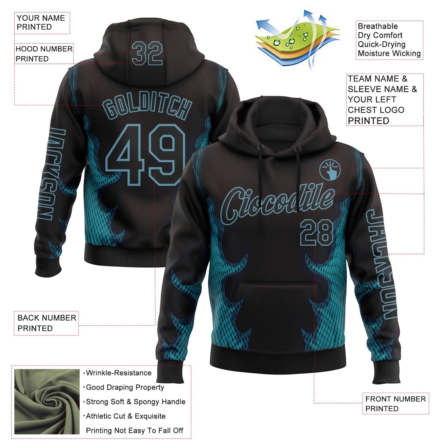 Custom Black Shadow Blue 3D Abstract Flame Sports Pullover Sweatshirt Hoodie view 2