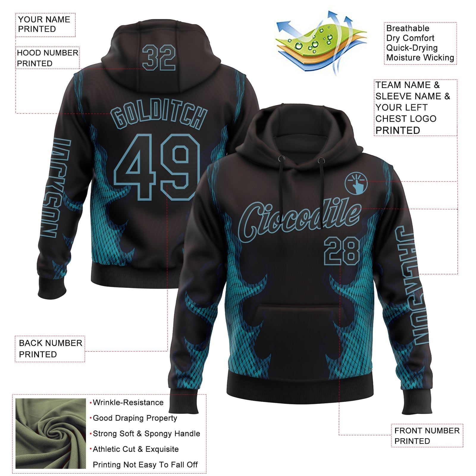 Custom Black Shadow Blue 3D Abstract Flame Sports Pullover Sweatshirt Hoodie view 2