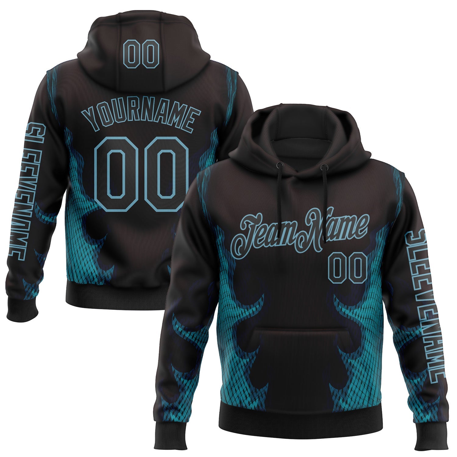 Custom Black Shadow Blue 3D Abstract Flame Sports Pullover Sweatshirt Hoodie - Main View