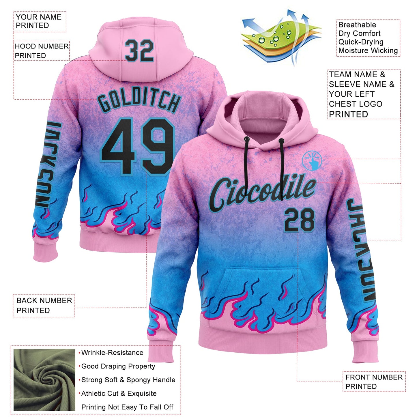 Custom Pink Black-Sky Blue 3D Abstract Flame Sports Pullover Sweatshirt Hoodie view 2