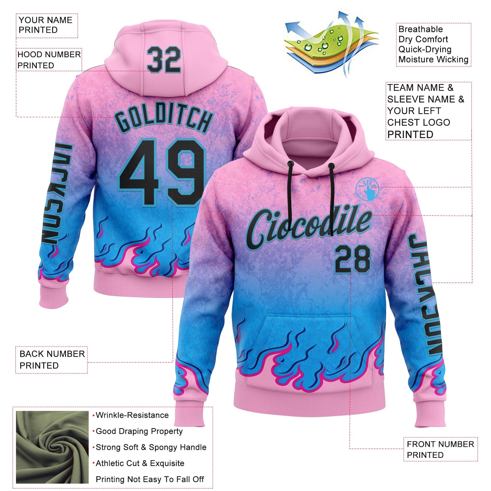 Custom Pink Black-Sky Blue 3D Abstract Flame Sports Pullover Sweatshirt Hoodie view 2
