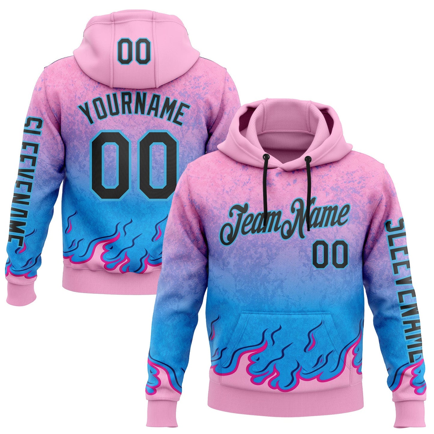 Custom Pink Black-Sky Blue 3D Abstract Flame Sports Pullover Sweatshirt Hoodie - Main View