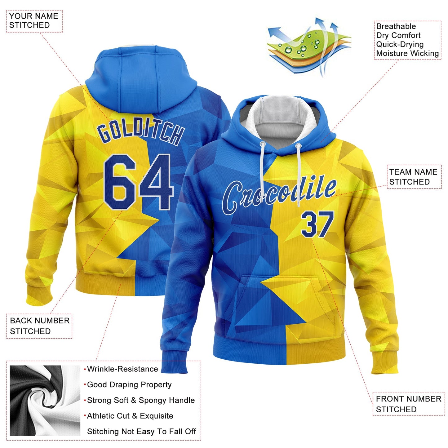 Custom Stitched Gold Royal-White 3D Pattern Design Ukrainian Flag Sports Pullover Sweatshirt Hoodie view 2