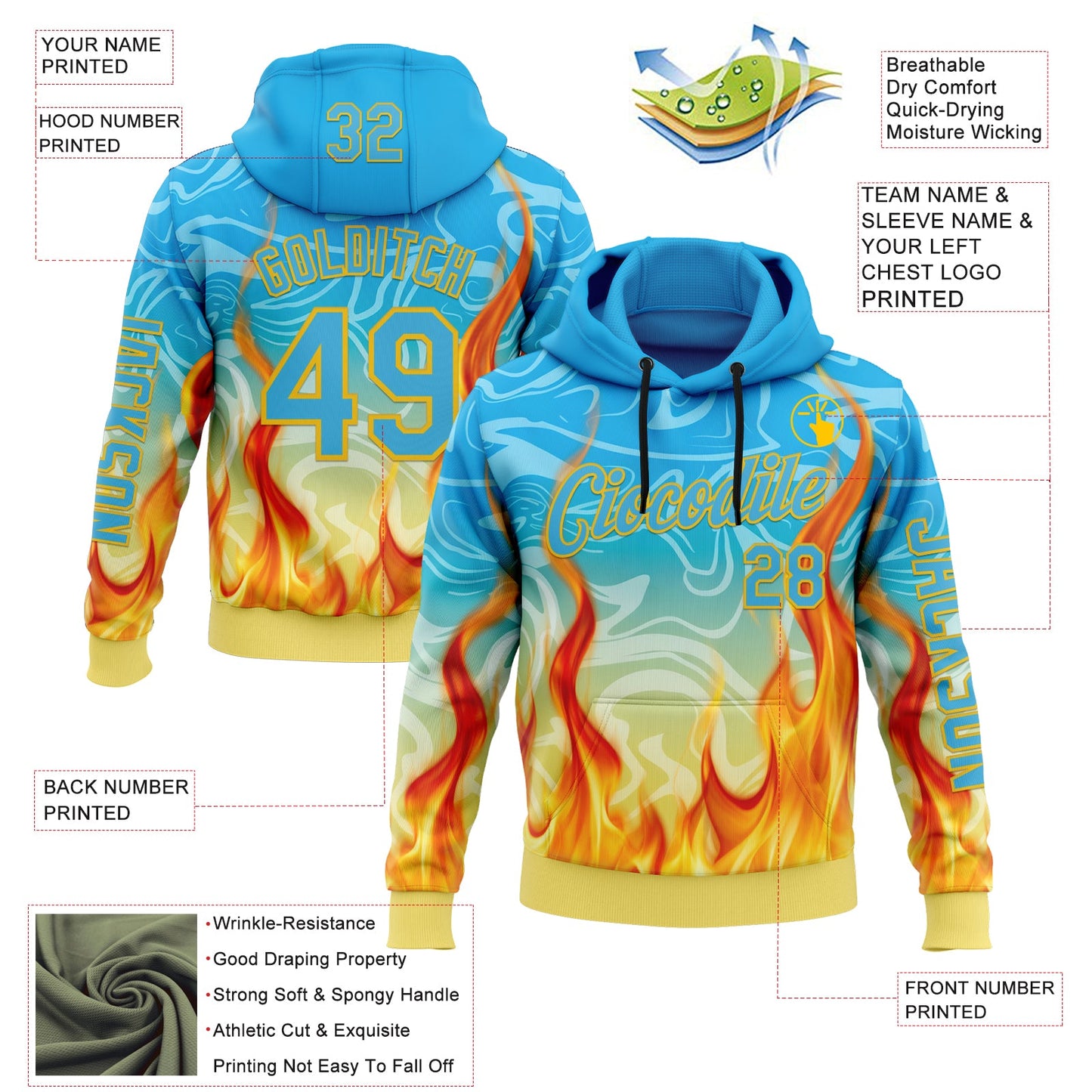 Custom Blue Sky Blue-Yellow 3D Abstract Flame Sports Pullover Sweatshirt Hoodie view 2