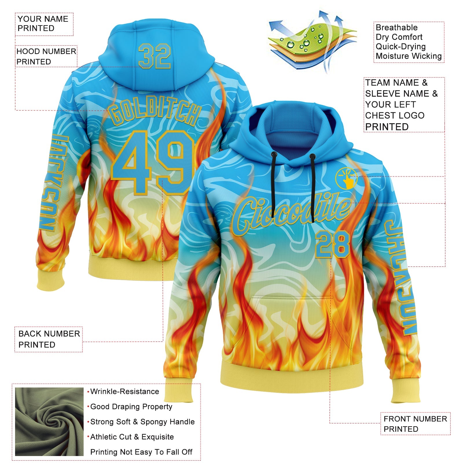 Custom Blue Sky Blue-Yellow 3D Abstract Flame Sports Pullover Sweatshirt Hoodie view 2