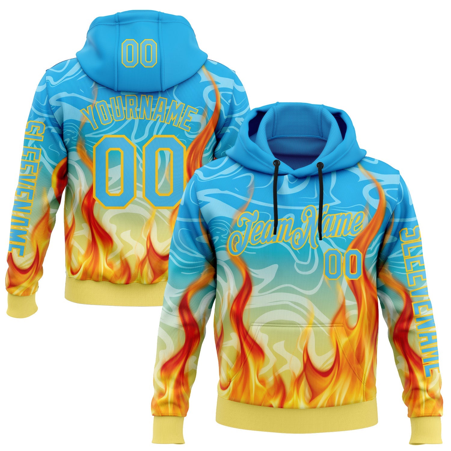 Custom Blue Sky Blue-Yellow 3D Abstract Flame Sports Pullover Sweatshirt Hoodie - Main View