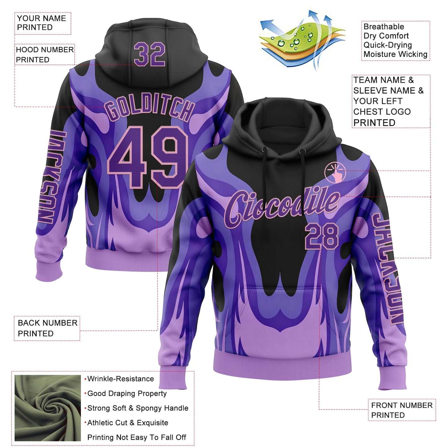 Custom Black Purple-Light Pink 3D Abstract Flame Sports Pullover Sweatshirt Hoodie view 2