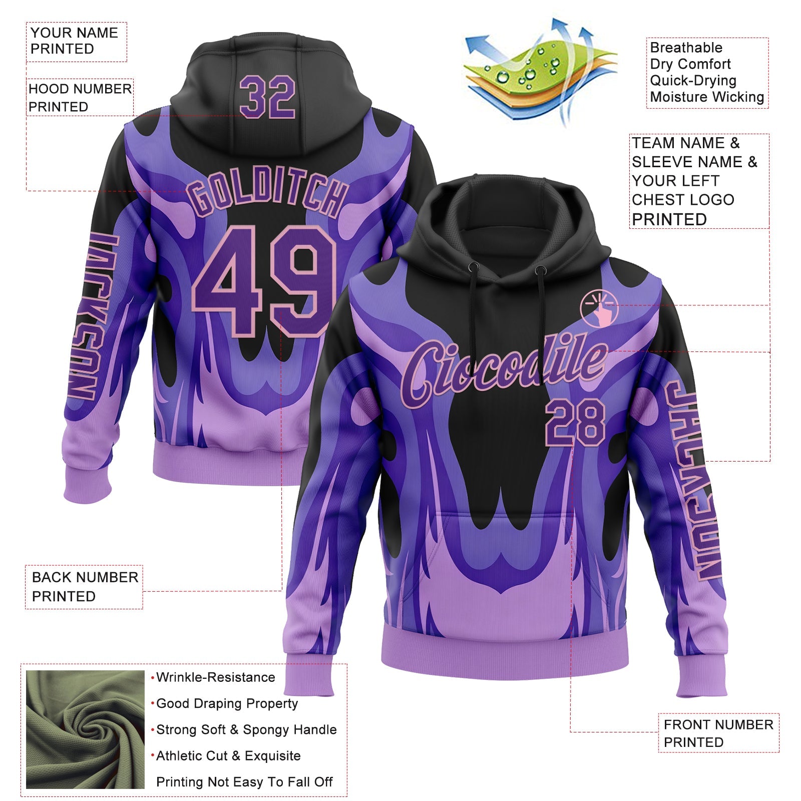 Custom Black Purple-Light Pink 3D Abstract Flame Sports Pullover Sweatshirt Hoodie view 2