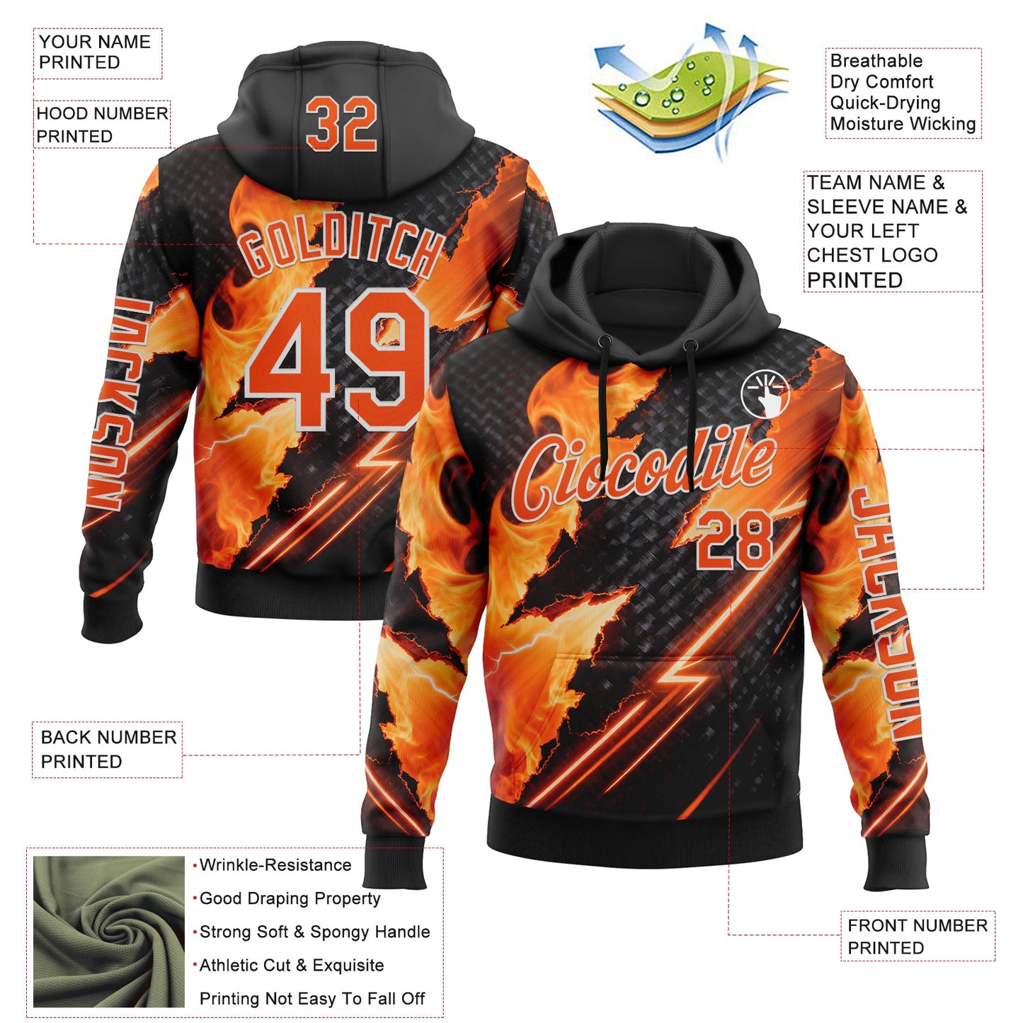 Custom Black Orange-White 3D Abstract Flame Sports Pullover Sweatshirt Hoodie view 2