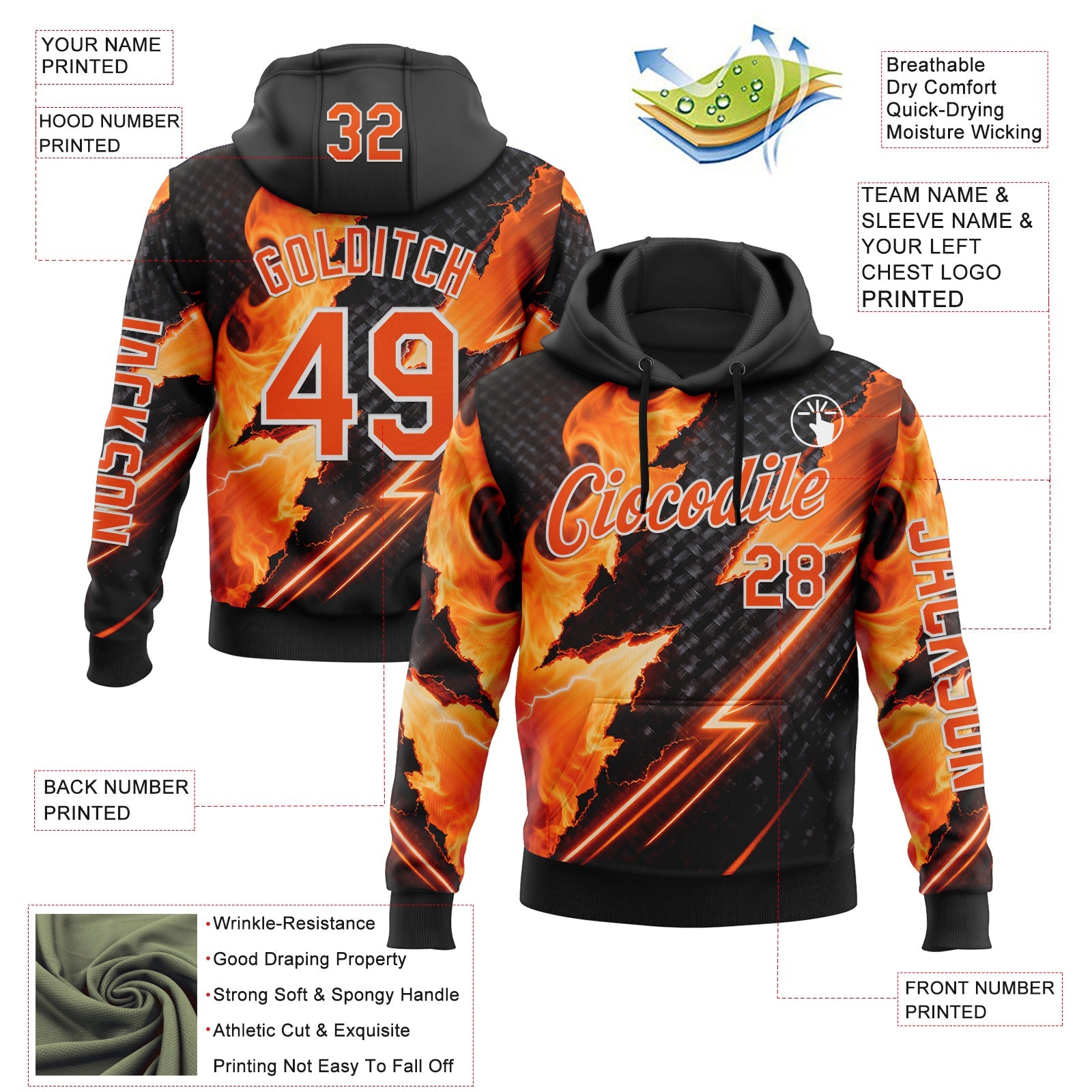 Custom Black Orange-White 3D Abstract Flame Sports Pullover Sweatshirt Hoodie view 2