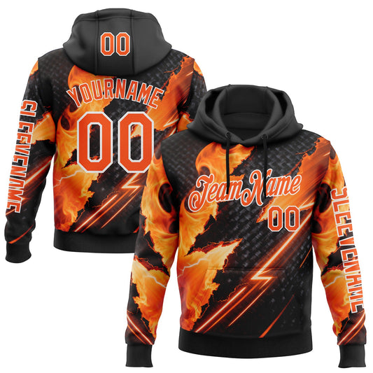 Custom Black Orange-White 3D Abstract Flame Sports Pullover Sweatshirt Hoodie - Main View