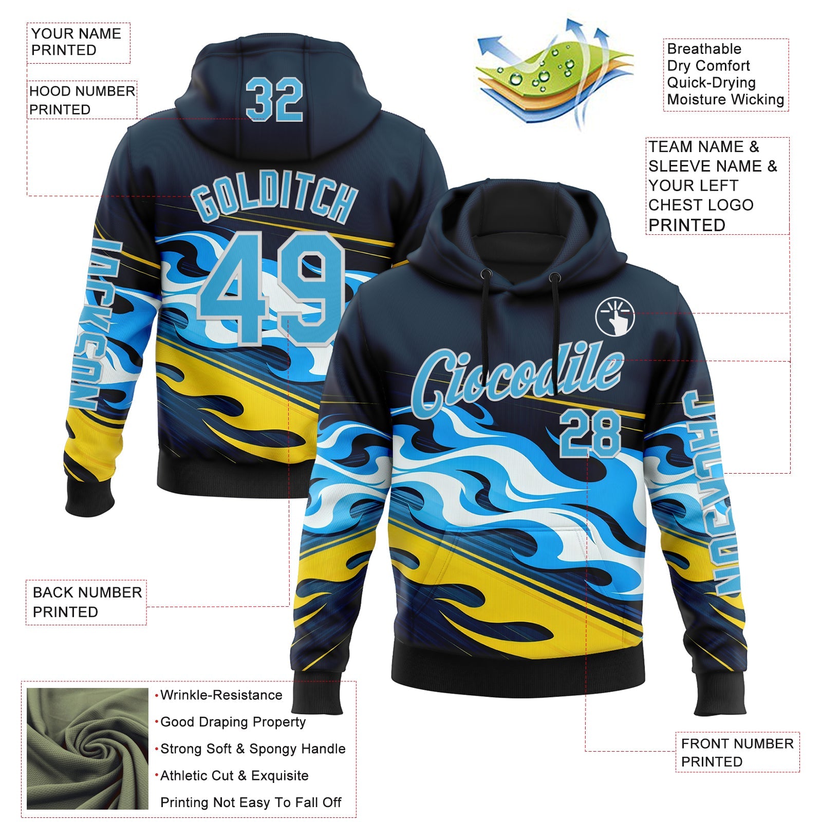 Custom Navy Sky Blue Yellow Black-White 3D Abstract Flame Sports Pullover Sweatshirt Hoodie view 2
