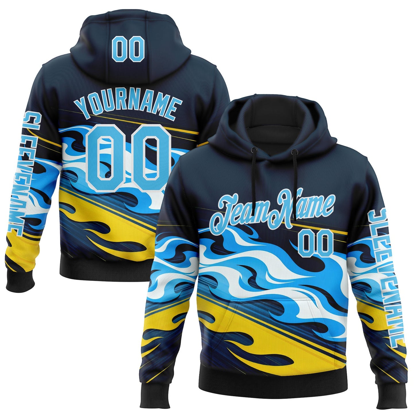 Custom Navy Sky Blue Yellow Black-White 3D Abstract Flame Sports Pullover Sweatshirt Hoodie - Main View