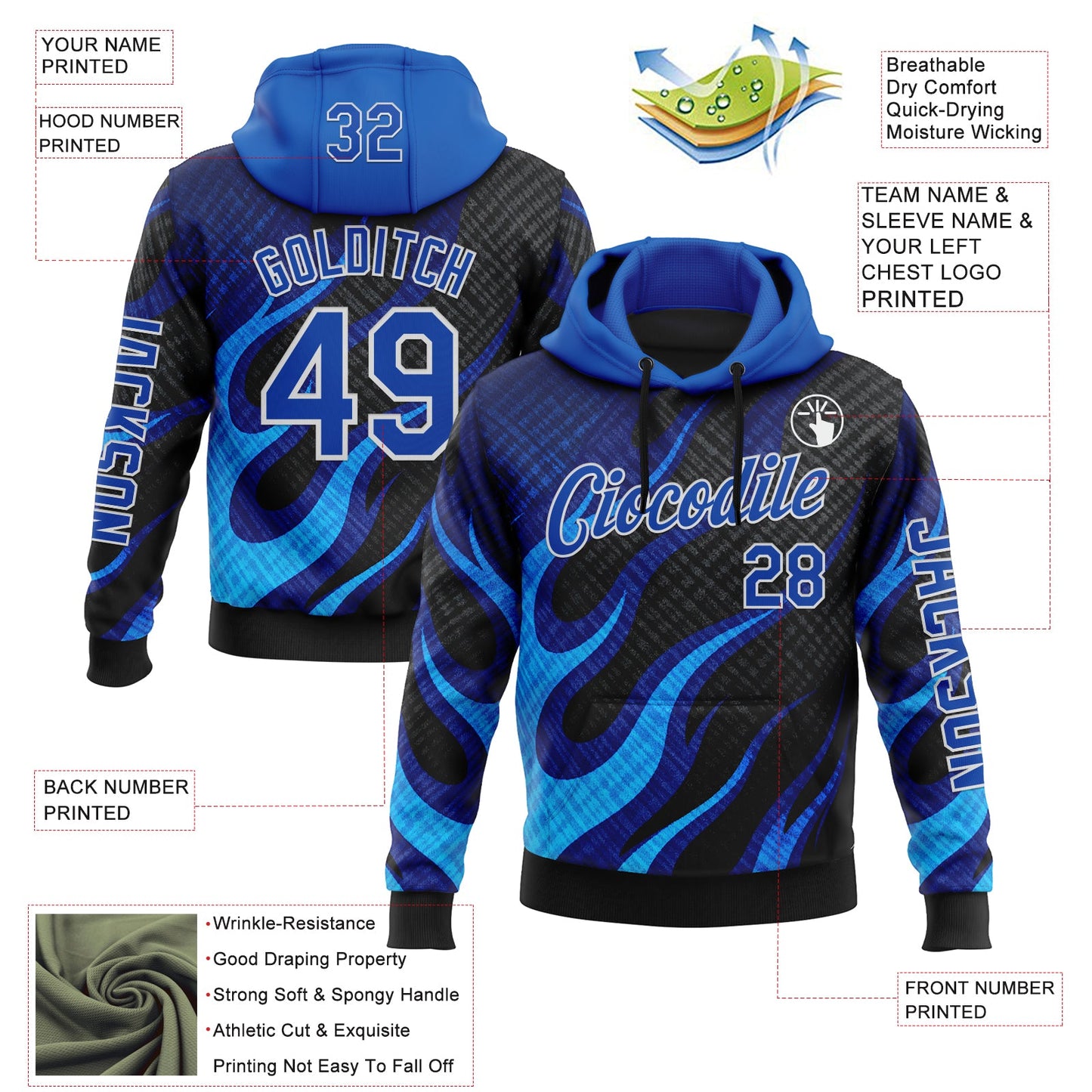 Custom Black Thunder Blue-White 3D Abstract Flame Sports Pullover Sweatshirt Hoodie view 2